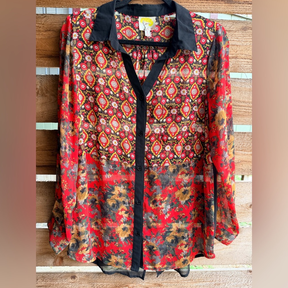 Vintage Boho Sheer Mosaic Floral Button-Up Blouse Red Black Medallion Print Top